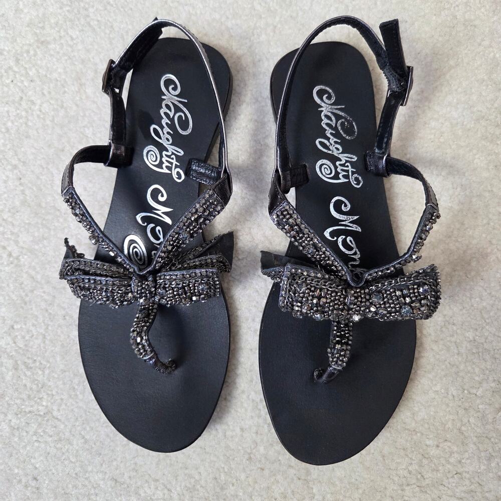 Naughty Monkey 7.5 Leather Thong Rhinestone Bead Bow Flat Sandal Shoes